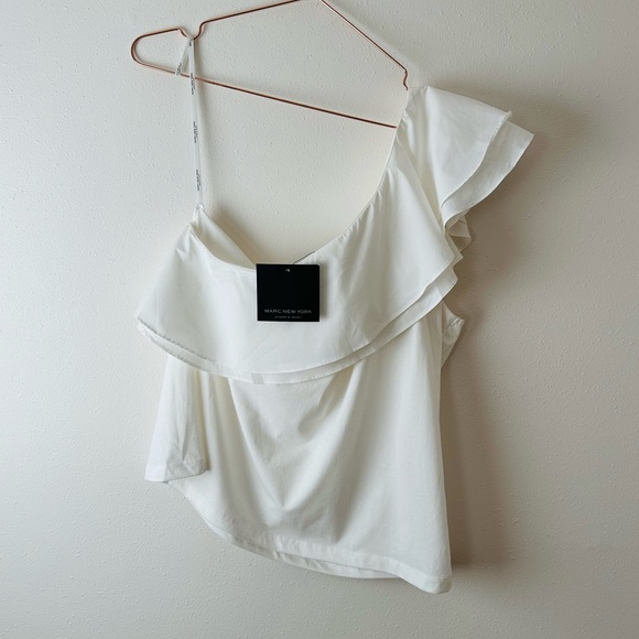 New Marc New York White Cotton One Shoulder Ruffled Blouse Top - Picture 3 of 5
